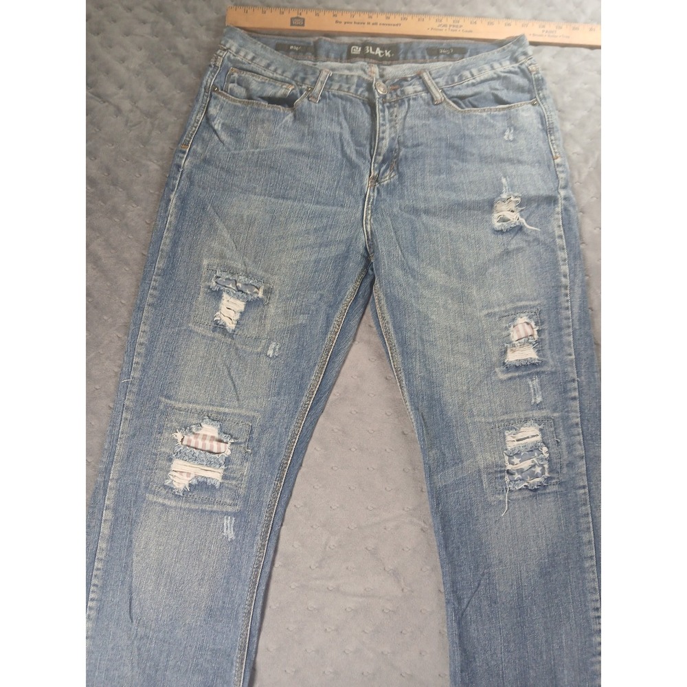 Rue21 Black Bootcut Jeans Mens 34x30 Distressed Patriotic Patch Medium Wash - Picture 2 of 7